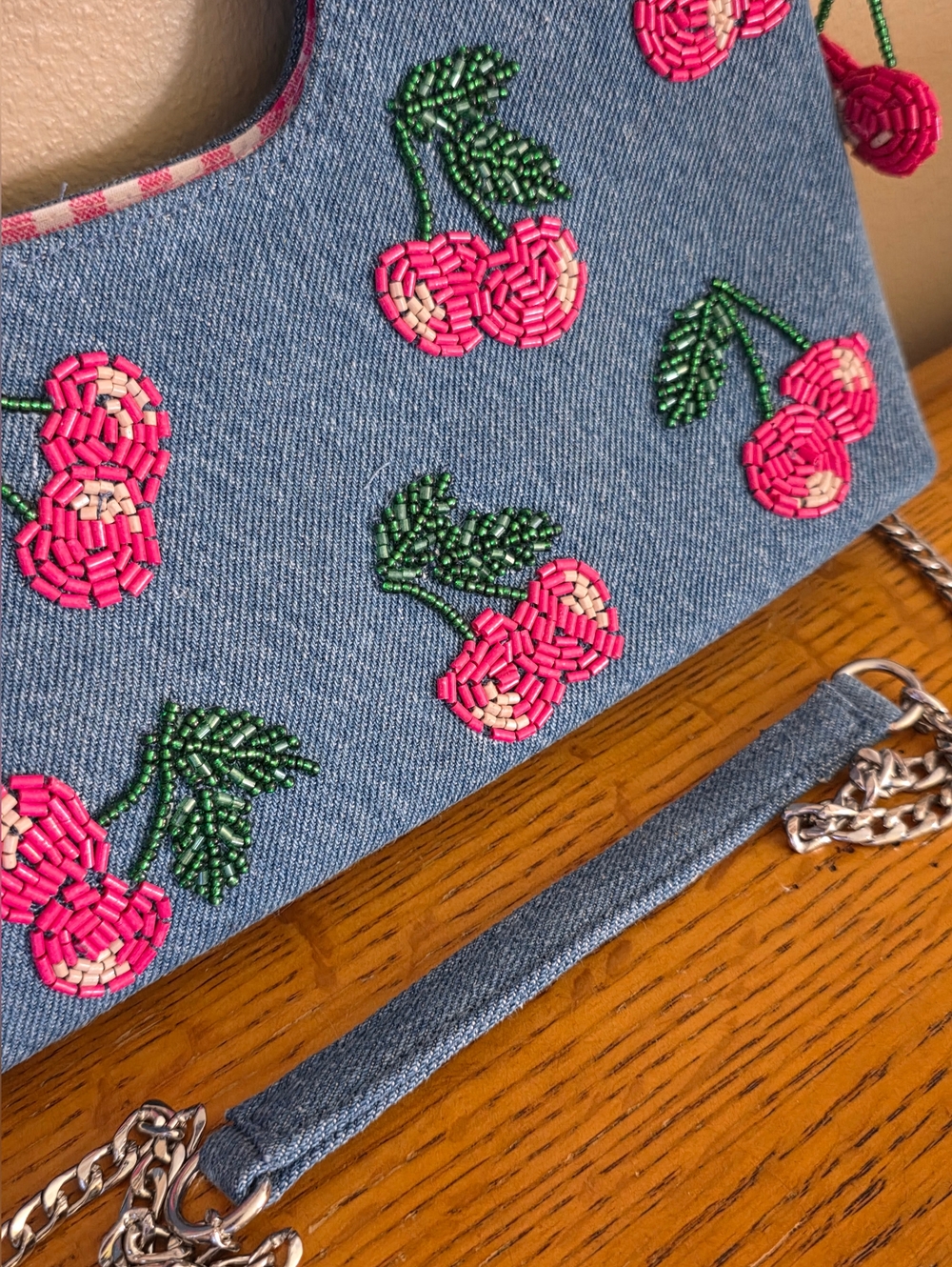 HANDMADE IN INDIA BLUE DENIM BEADED CLUTCH BAG W/ BAG CHARM *CHERRIES* NEW - Picture 5 of 16